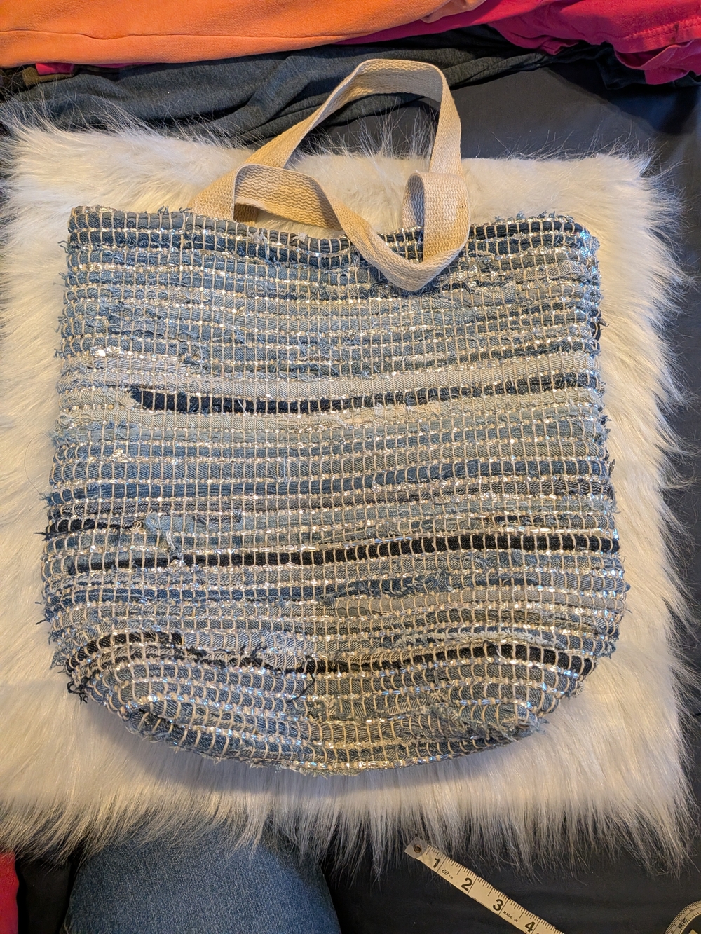 Woven Blue & Cream Striped Tote Bag